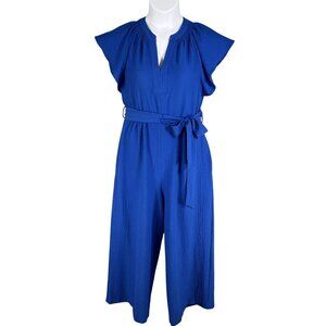 Calvin Klein Womens 8 Blue Tulip Sleeve Belted Crop Jumpsuit Wide Leg Pockets